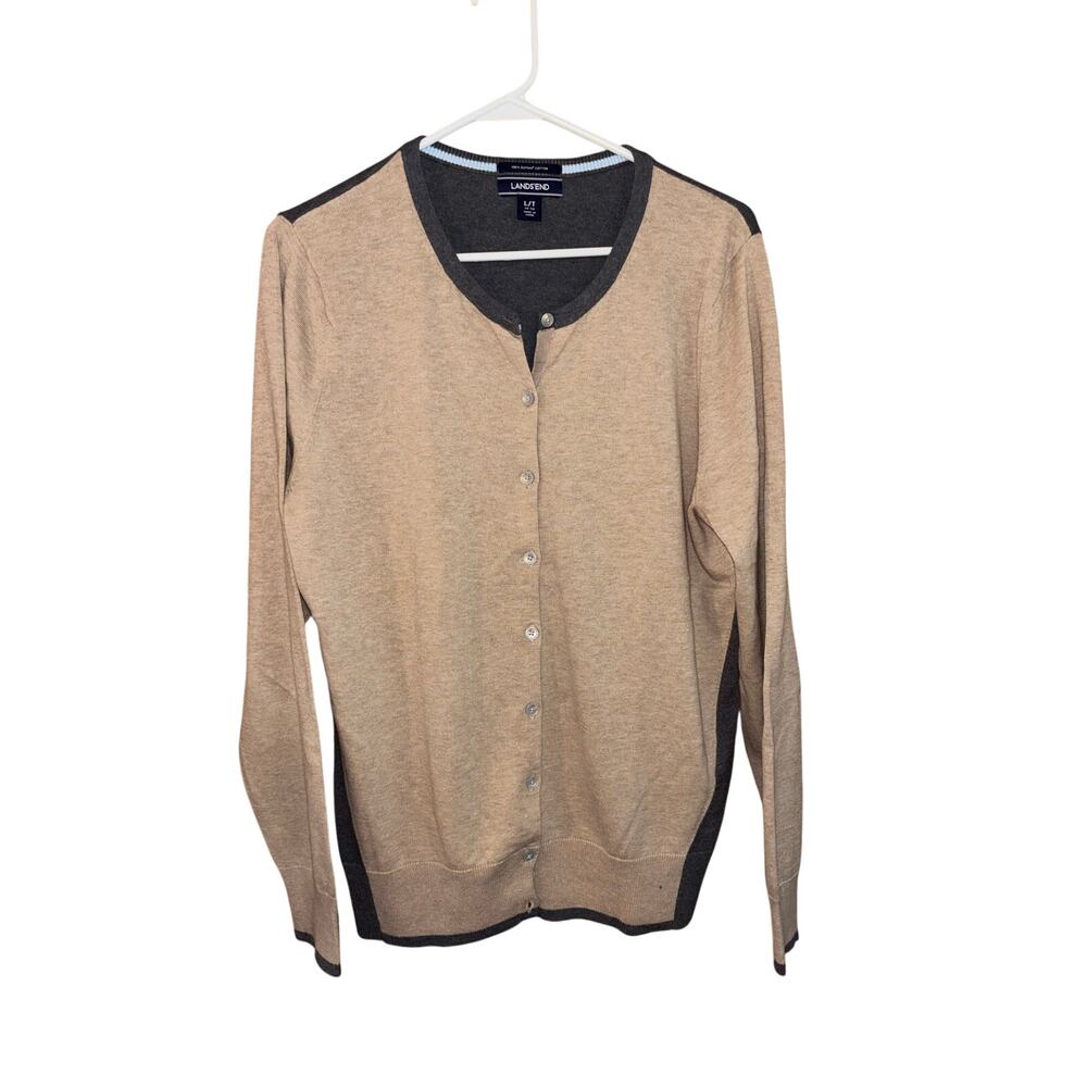 Lands’ End women’s color block beige gray cardigan 100% supima cotton (L/T)